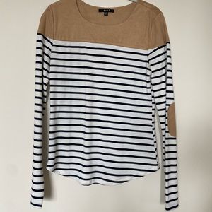 Blue and White Striped Sweater with Light Brown Suede Detailing- XS